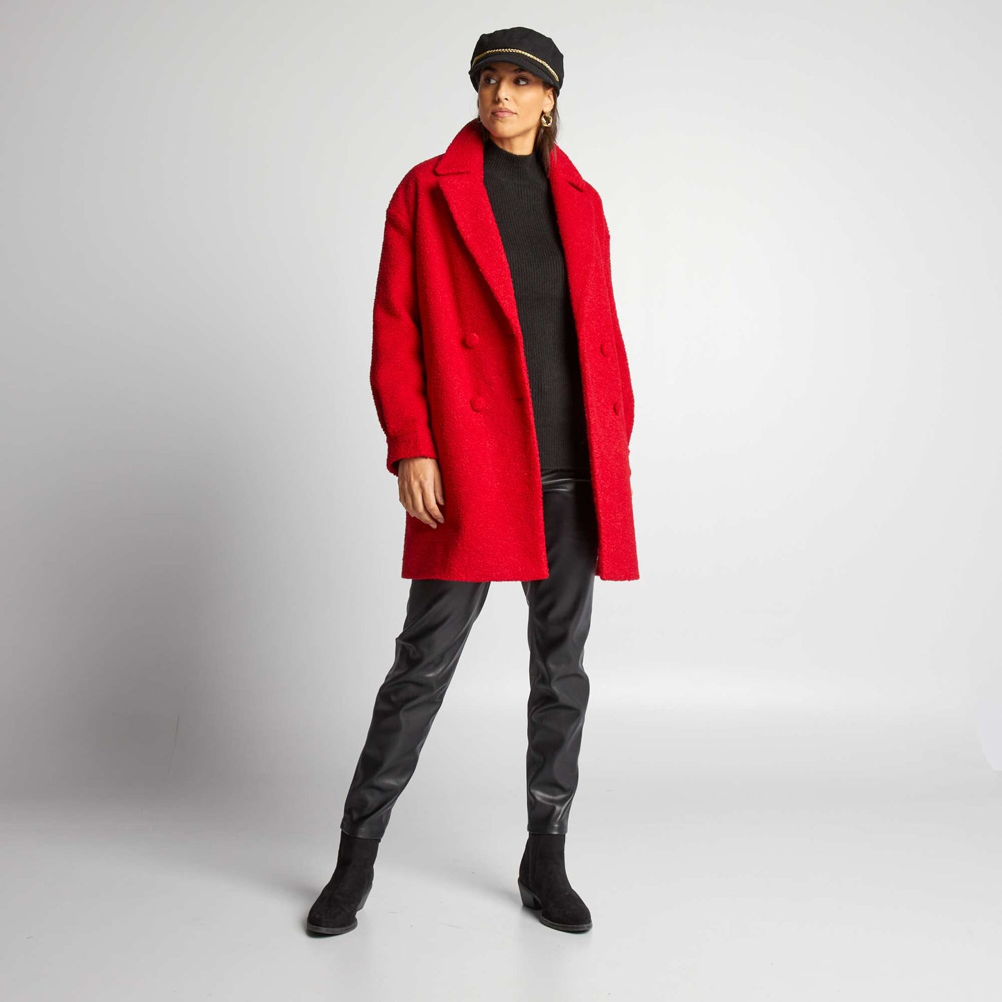 Manteau mi-long en maille bouclette Rouge