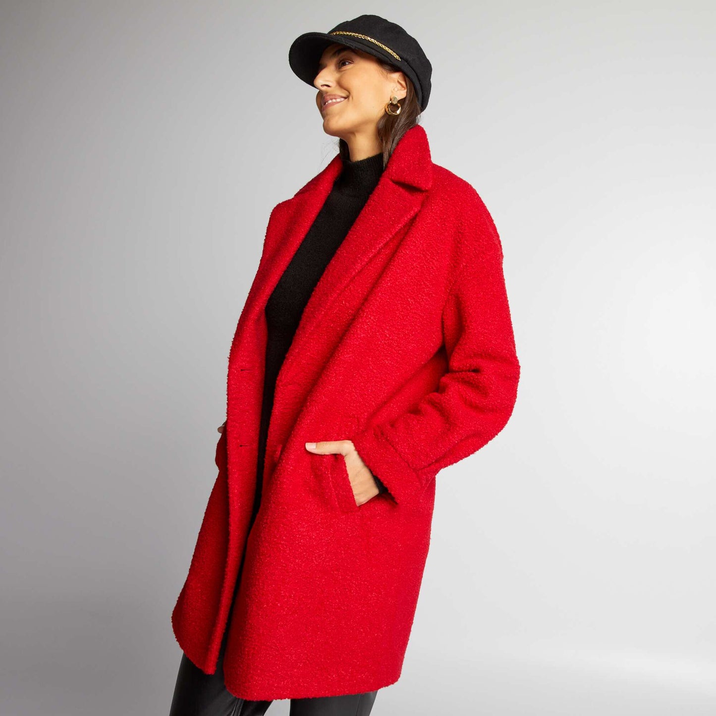 Manteau mi-long en maille bouclette Rouge