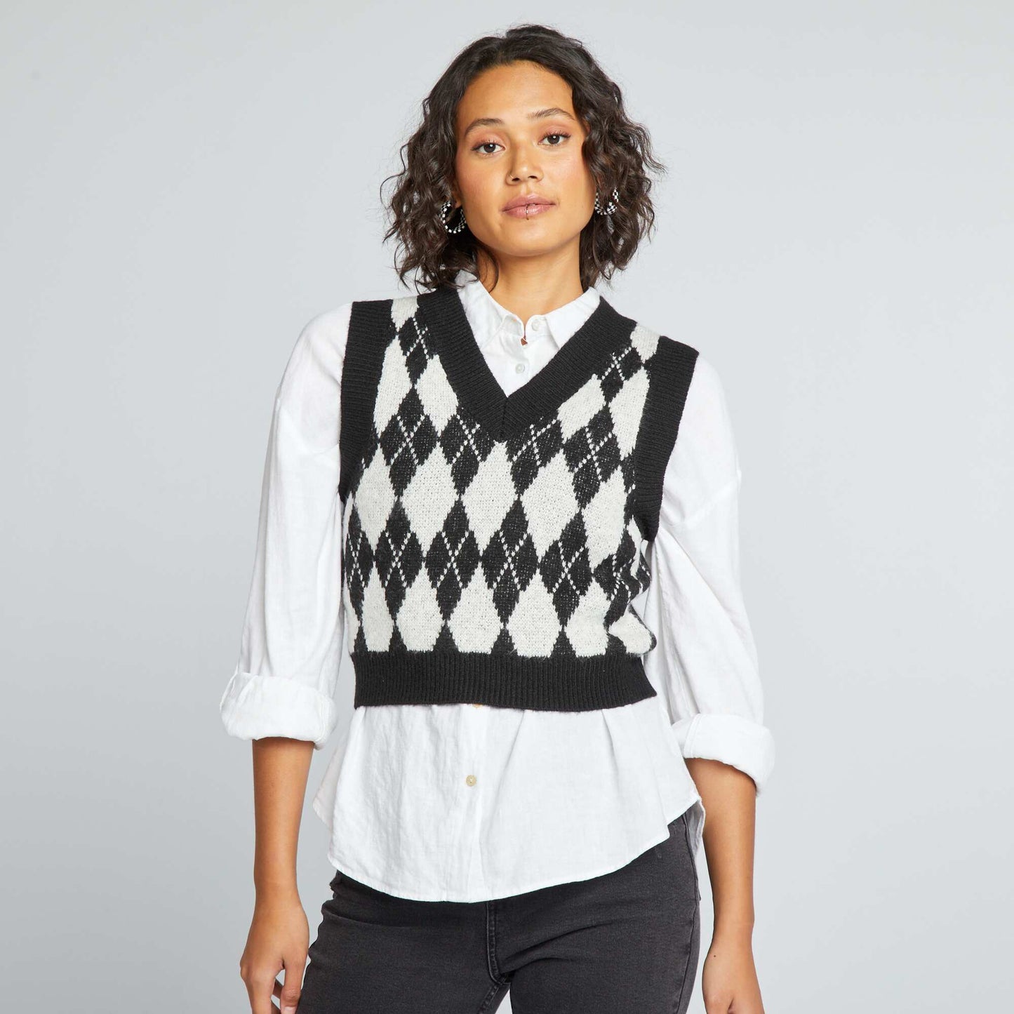 Pull sans manches motif jacquard Noir/blanc