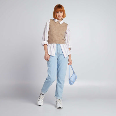 Pull sans manches col rond Beige