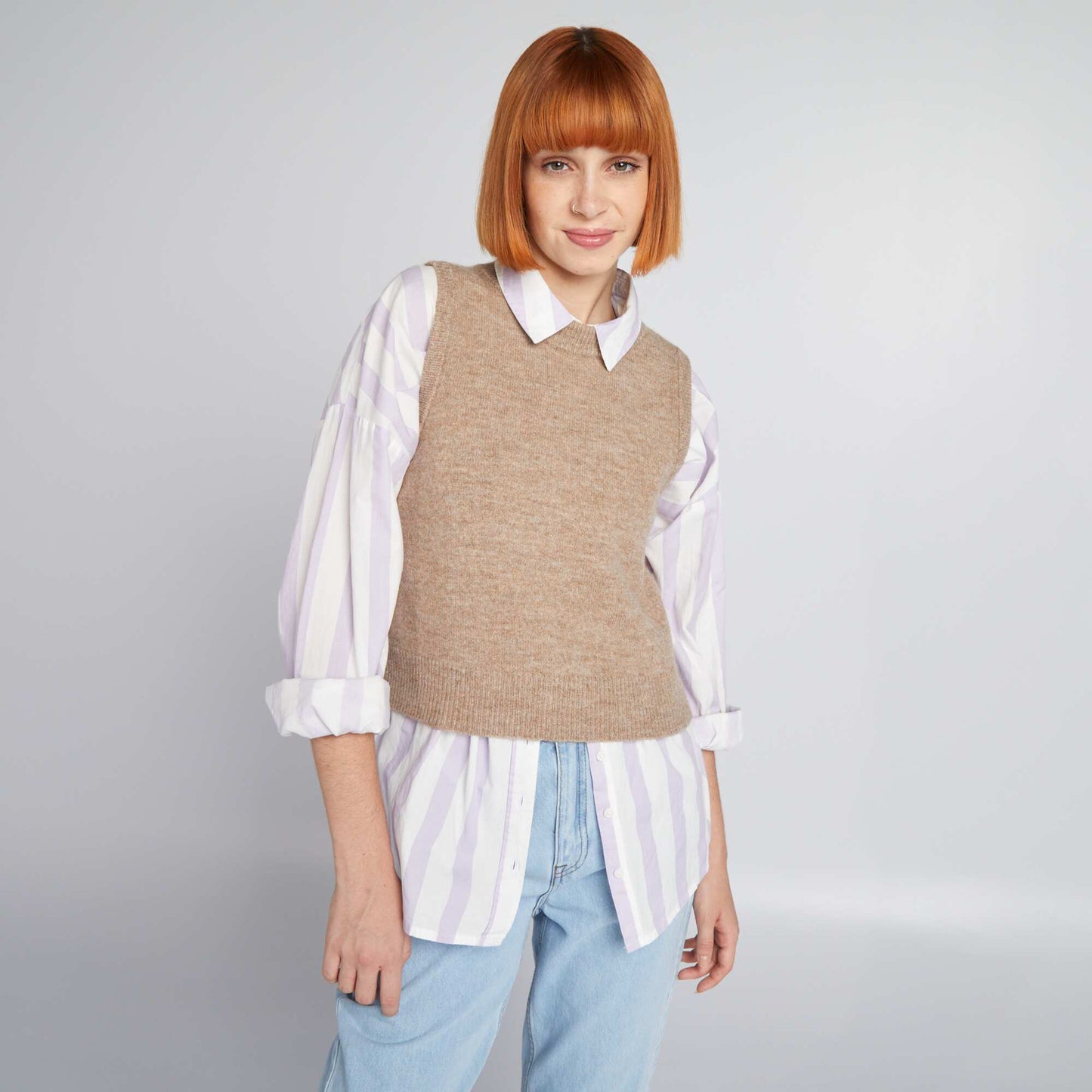 Pull sans manches col rond Beige