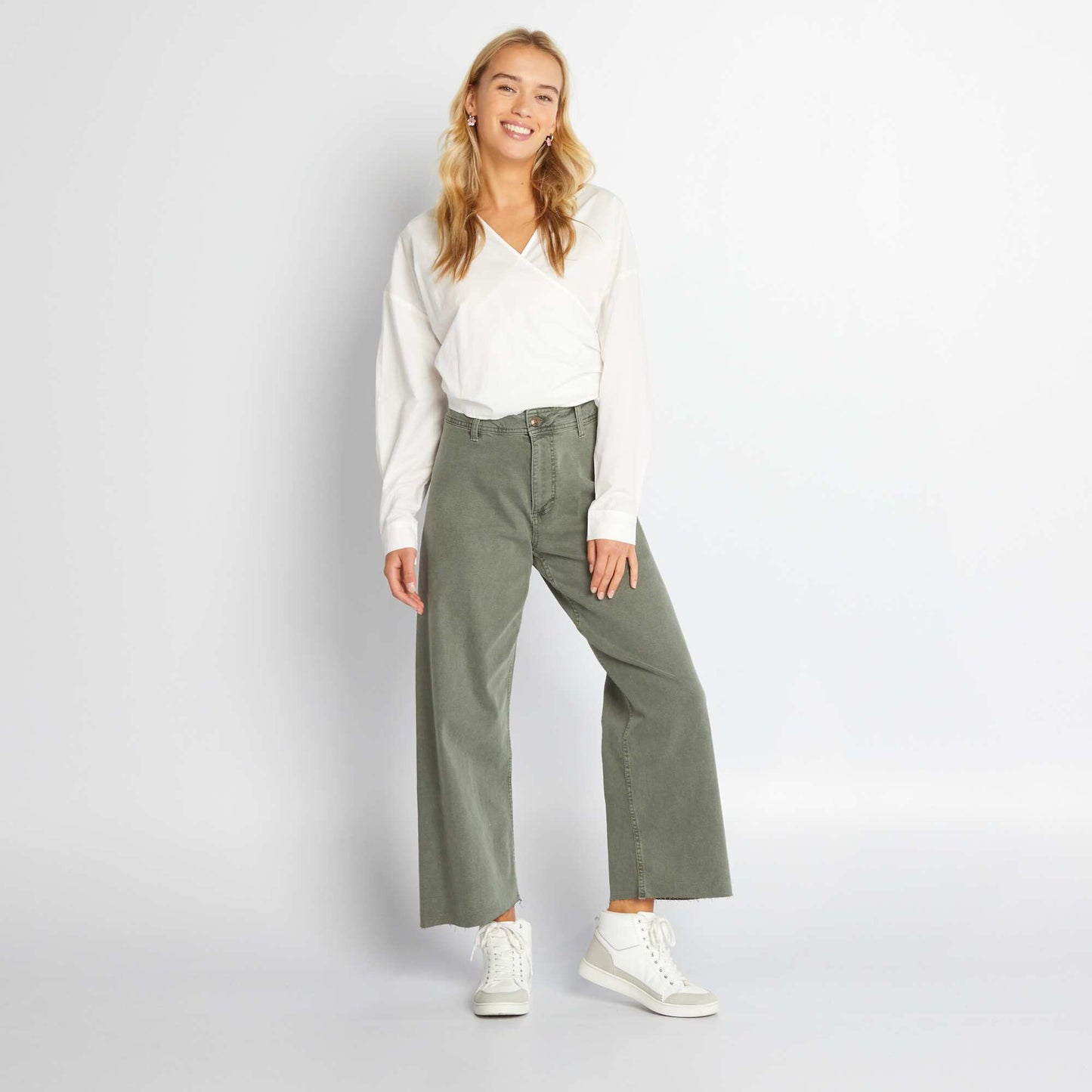 Pantalon large wide leg cropped vert fonc