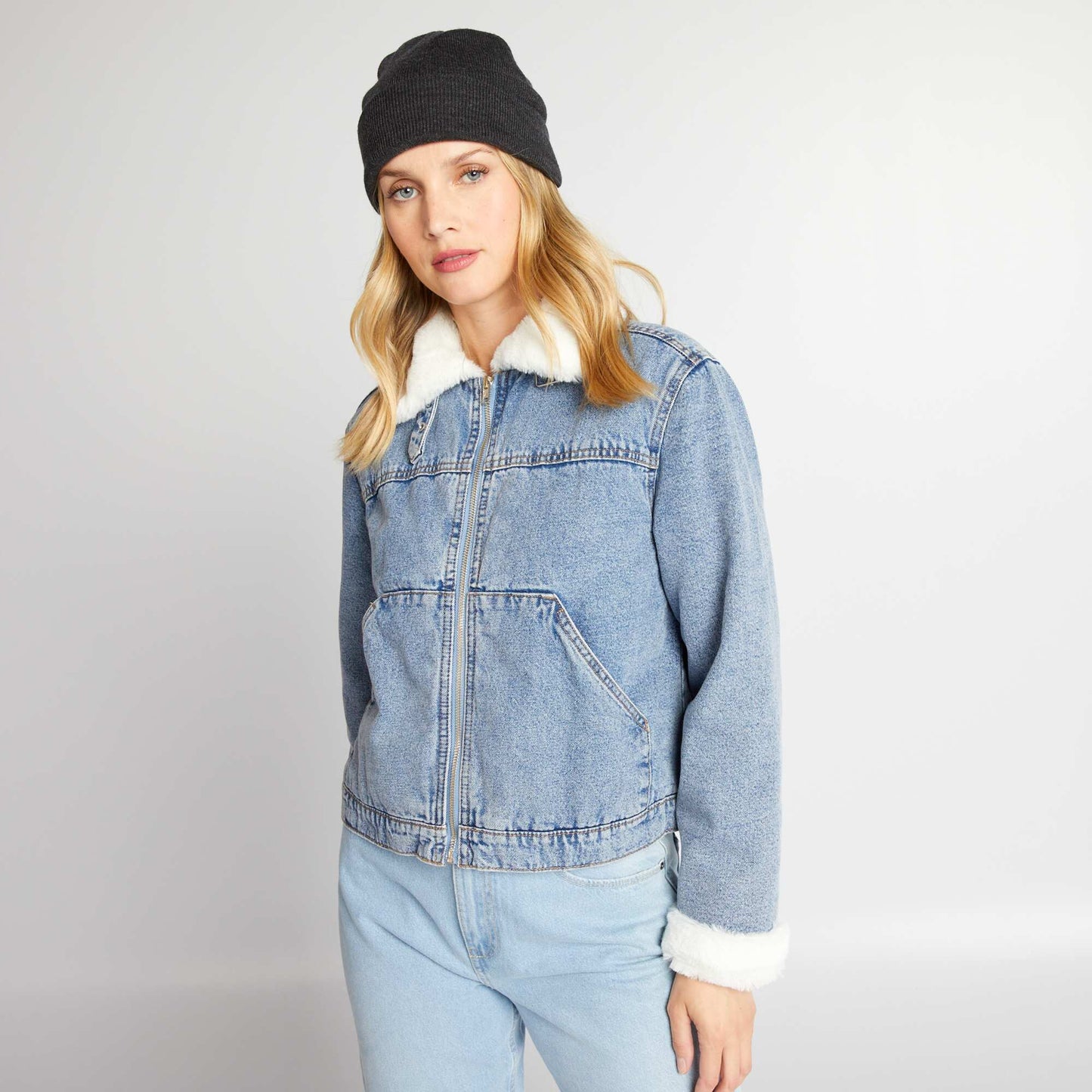 Blouson en denim fourr en sherpa Bleu