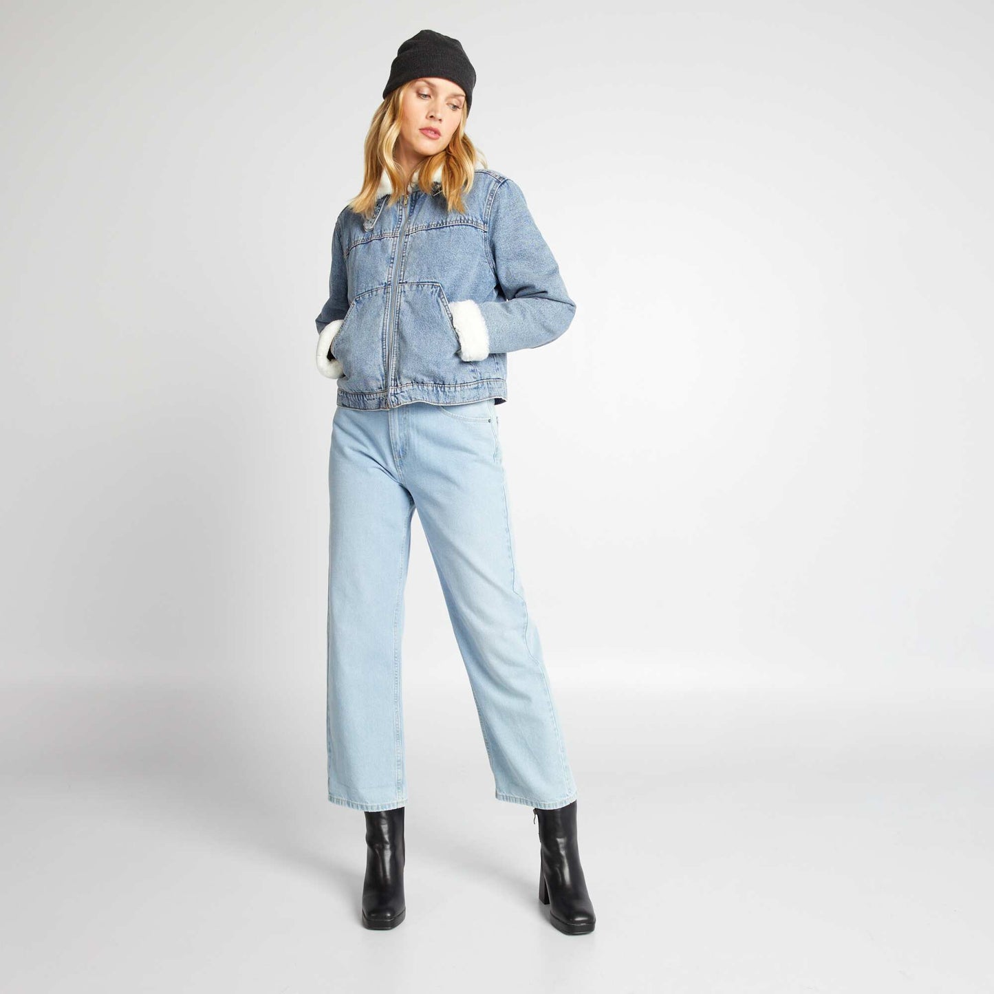 Blouson en denim fourr en sherpa Bleu