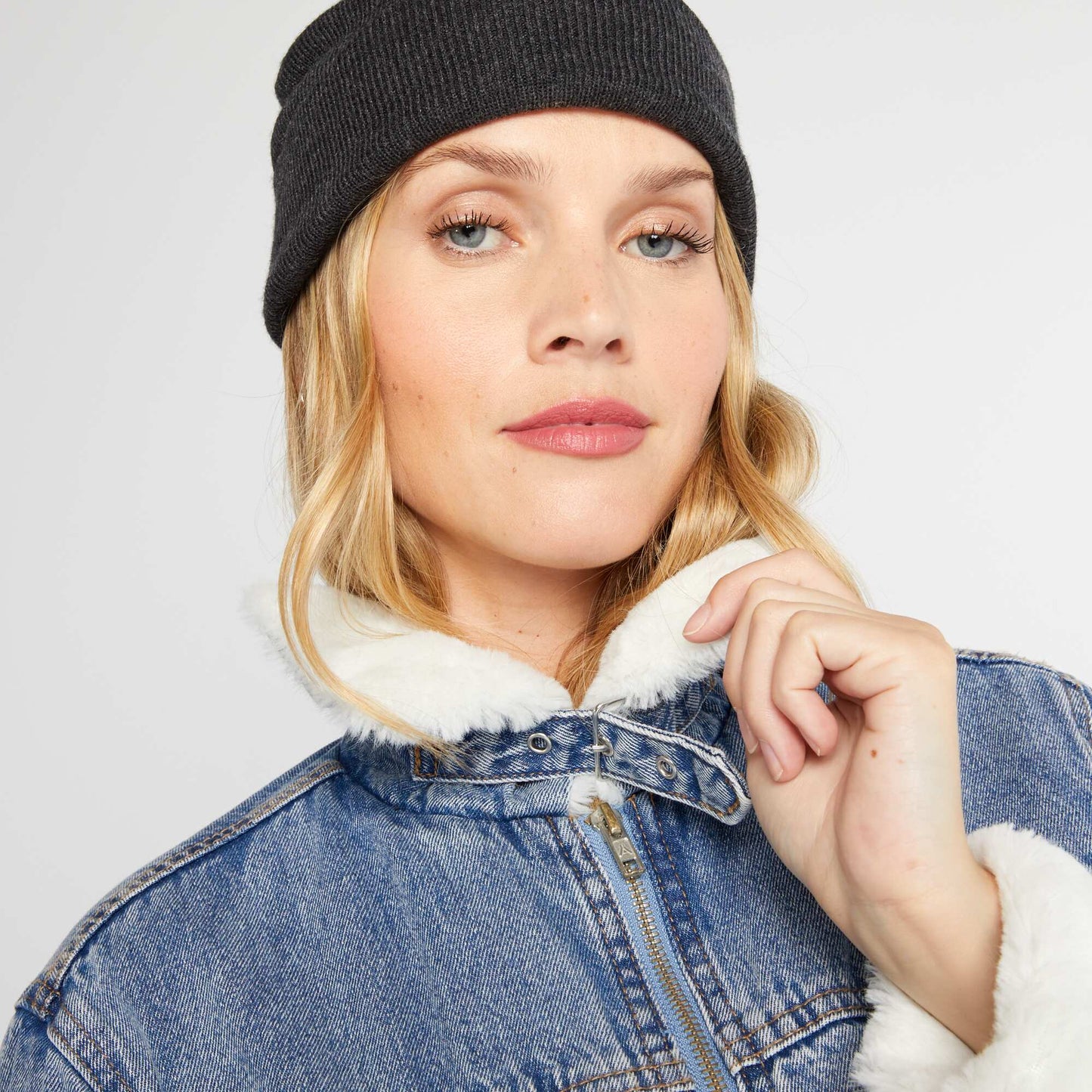 Blouson en denim fourr en sherpa Bleu