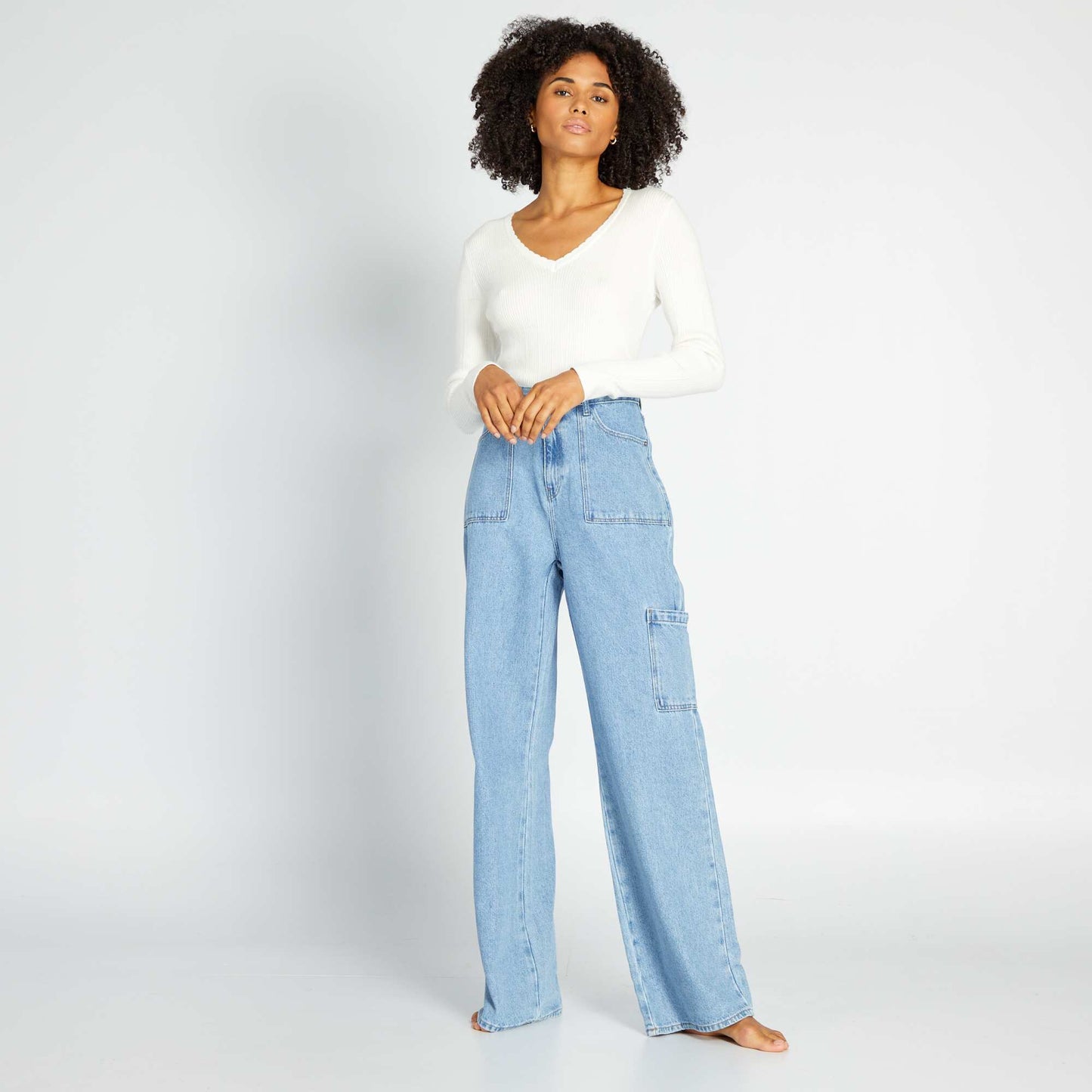 Pantalon wide leg avec poches plaqu es Bleu