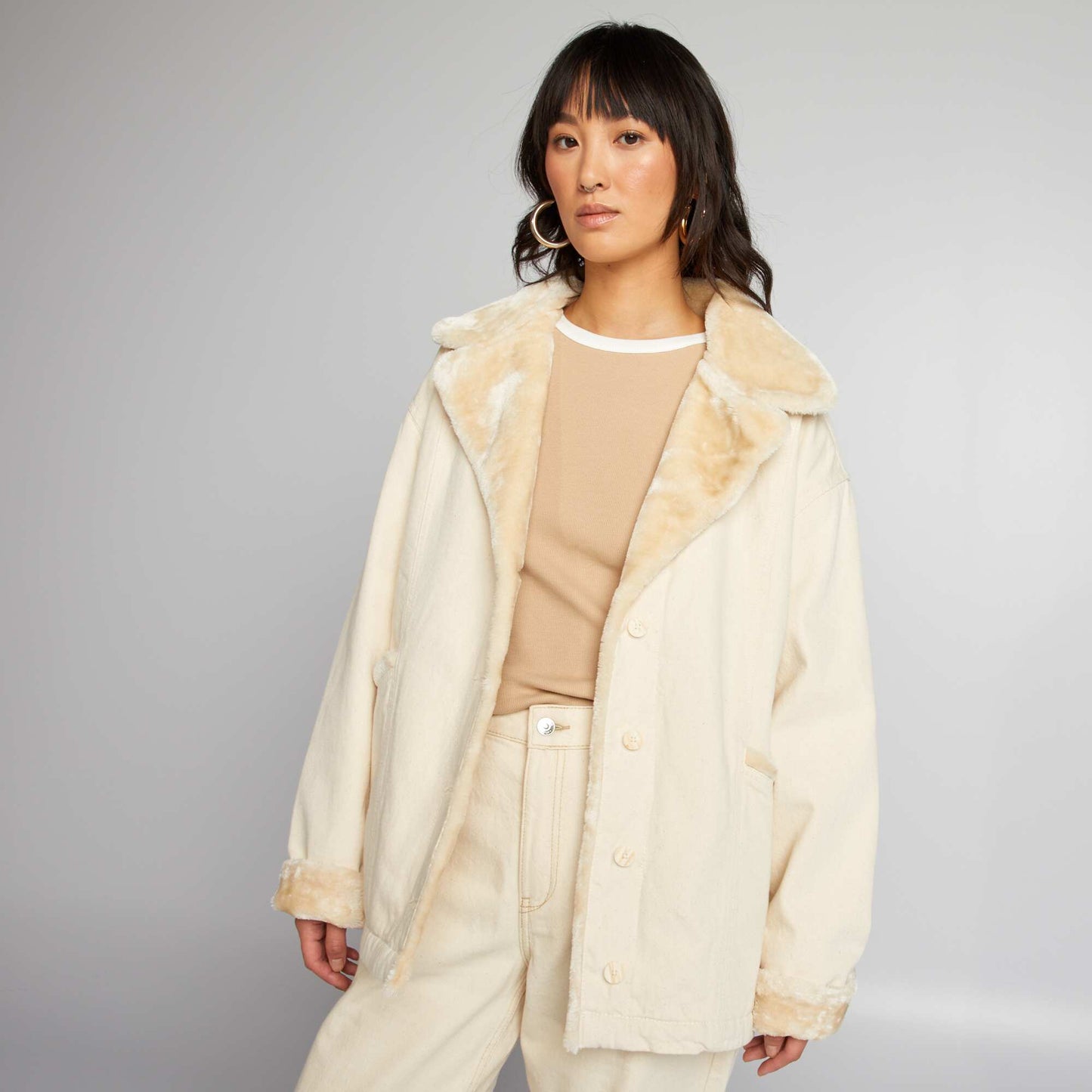 Veste en denim col en sherpa Beige