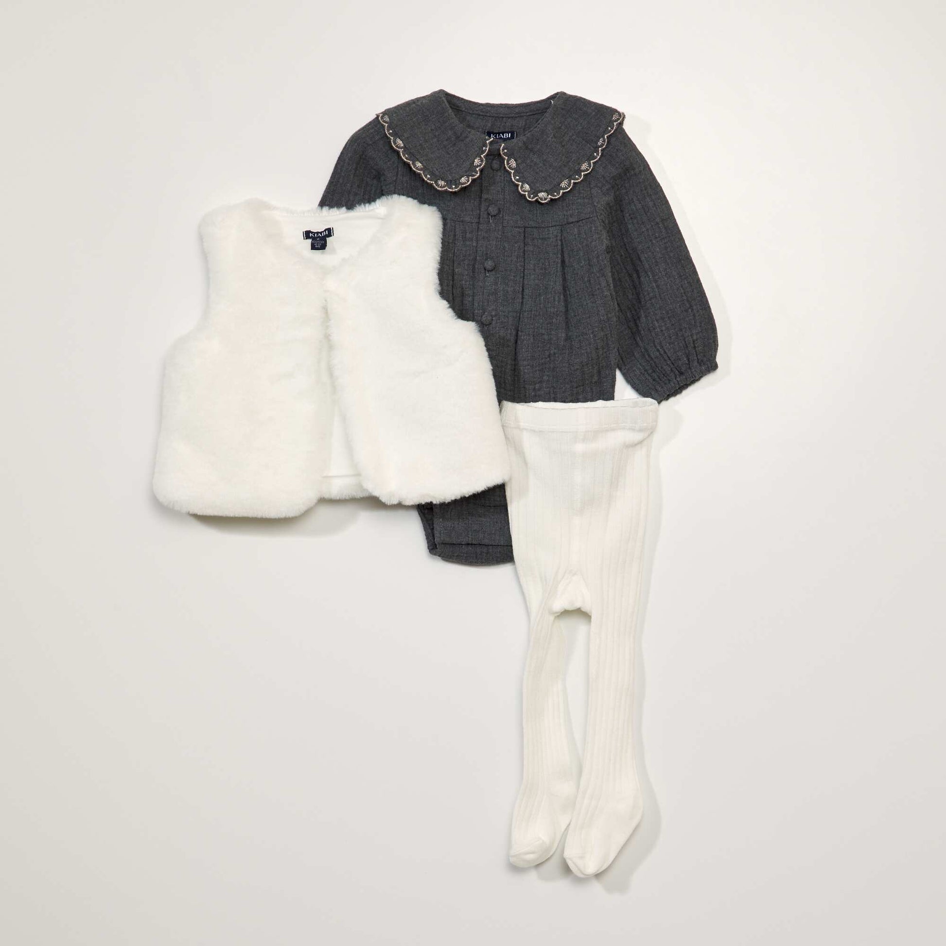 Ensemble b b body + gilet + collants Blanc/gris