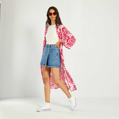 Kimono long avec imprim fleuri Rose