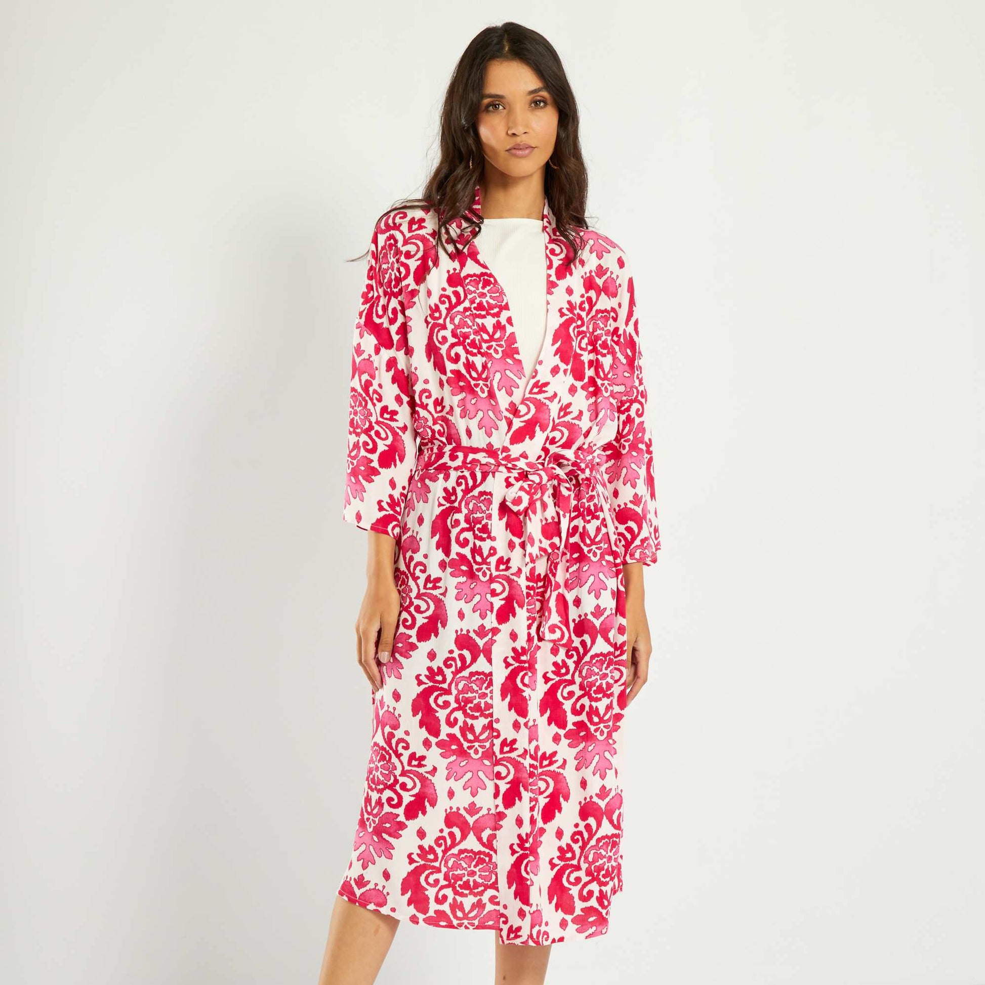 Kimono long avec imprim fleuri Rose