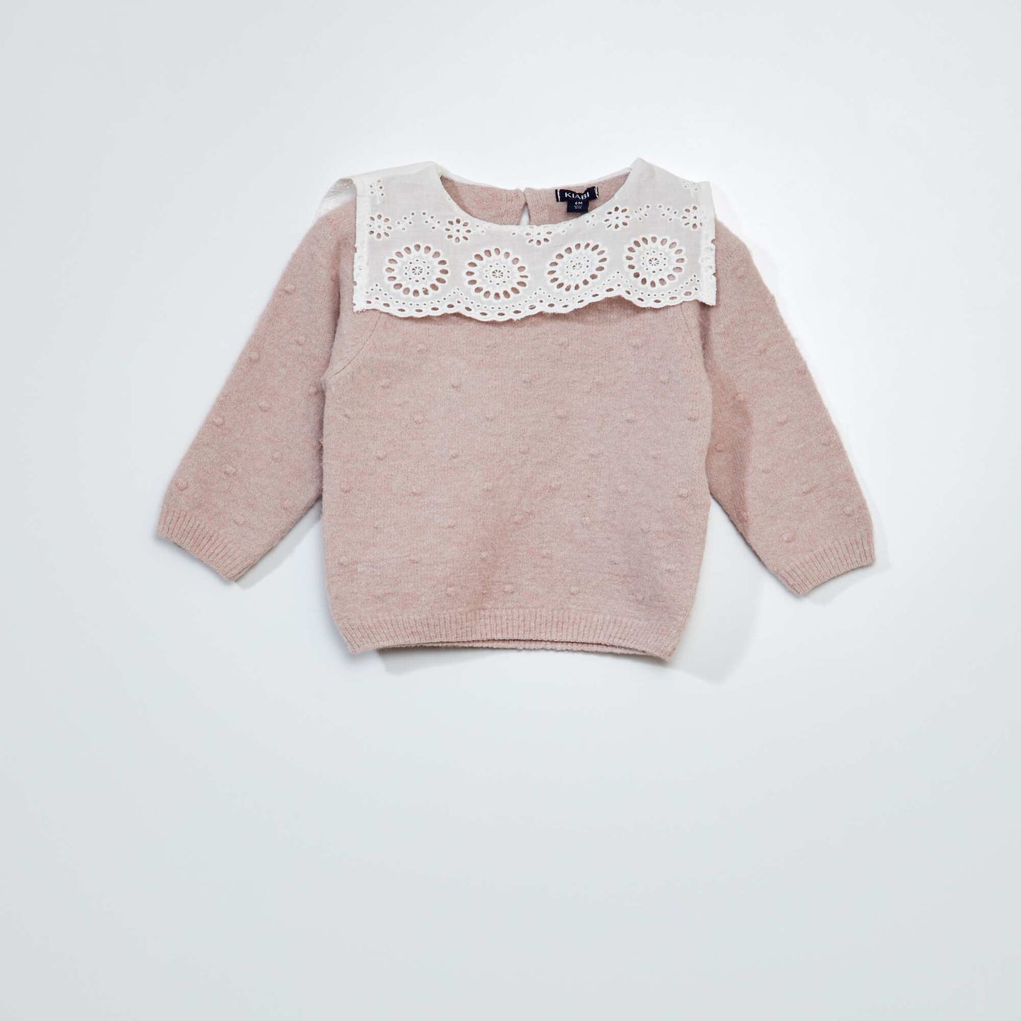 Pull en maille tricot avec col en broderies anglaises Rose
