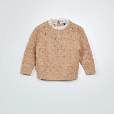 Pull en maille ajour e + broderie anglaise Beige