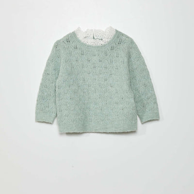 Pull en maille ajour e + broderie anglaise Vert