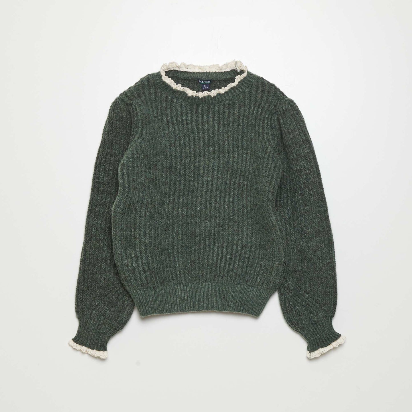 Pull en maille avec broderie anglaise vert gris