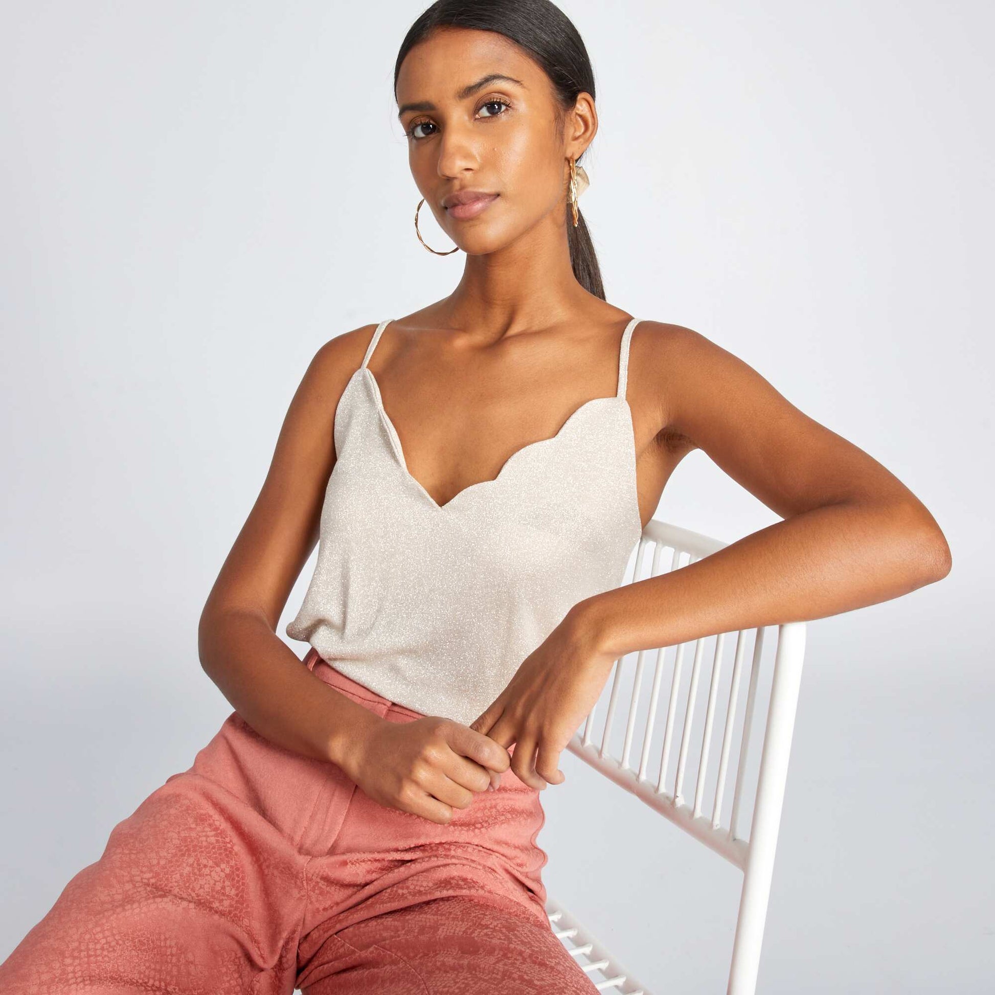 Débardeur pailleté avec col festonné Beige