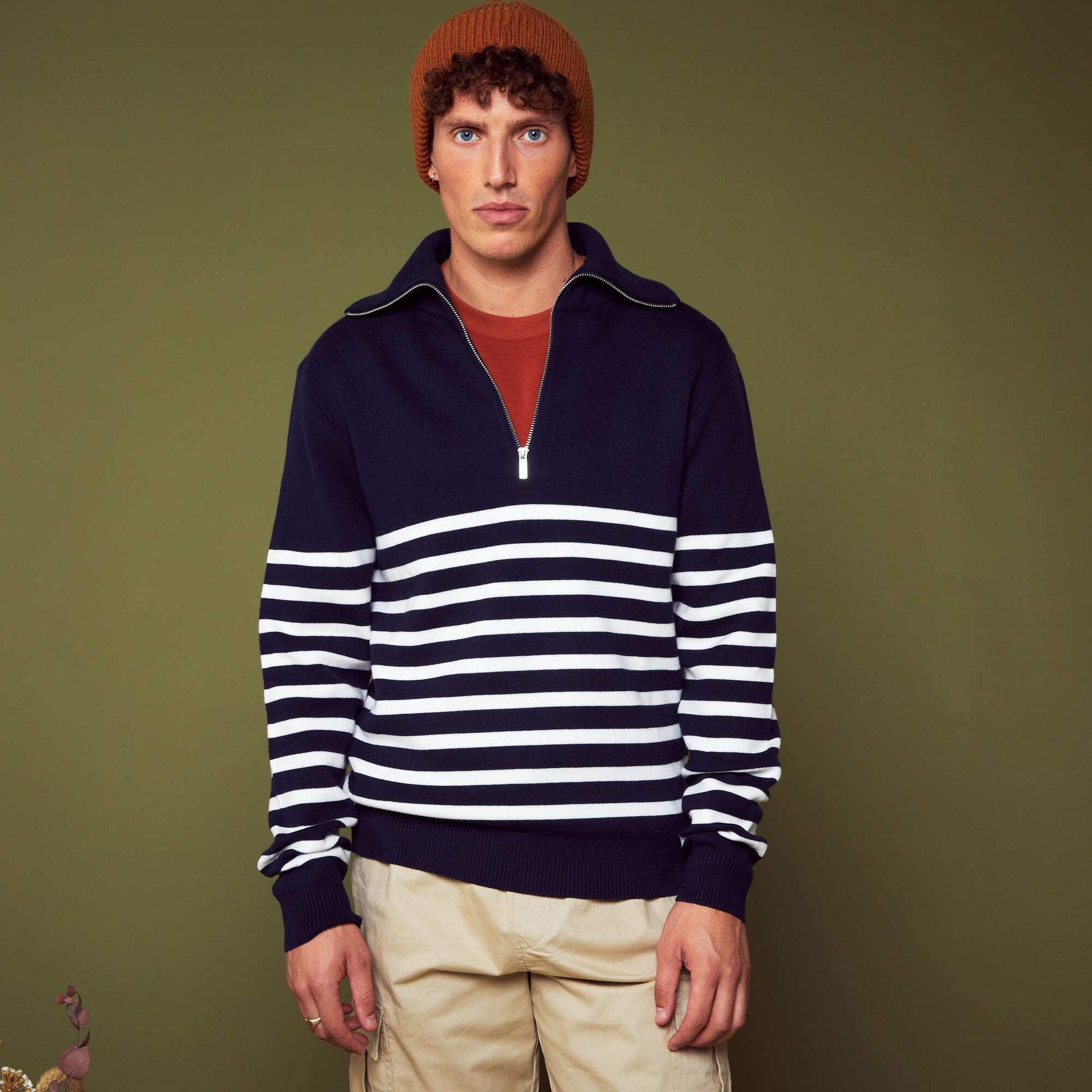 Pull ray col camionneur Bleu marine/blanc