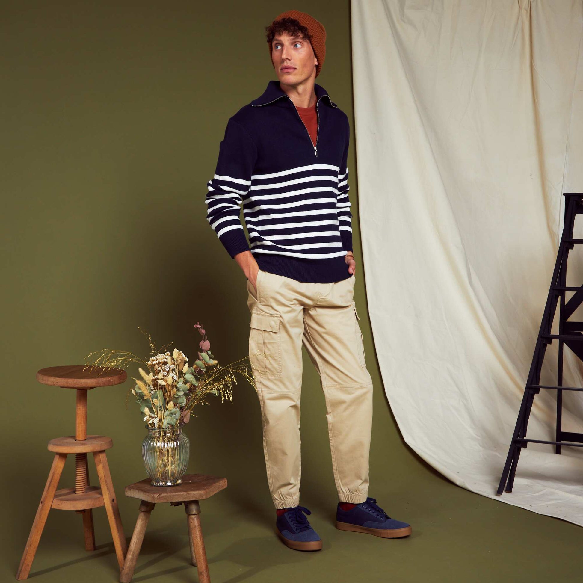 Pull ray col camionneur Bleu marine/blanc