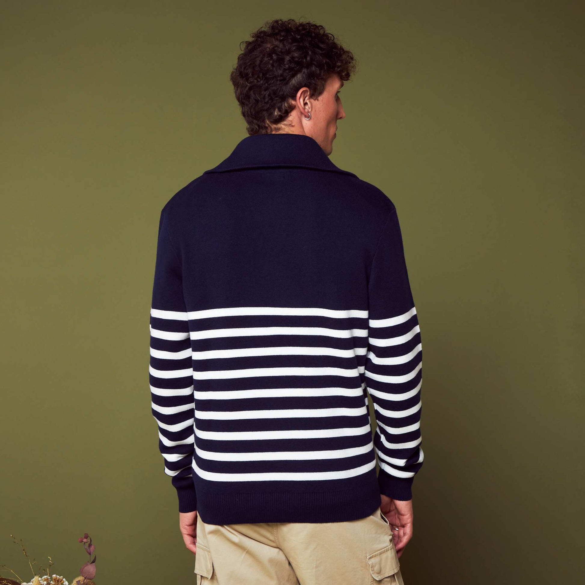 Pull ray col camionneur Bleu marine/blanc