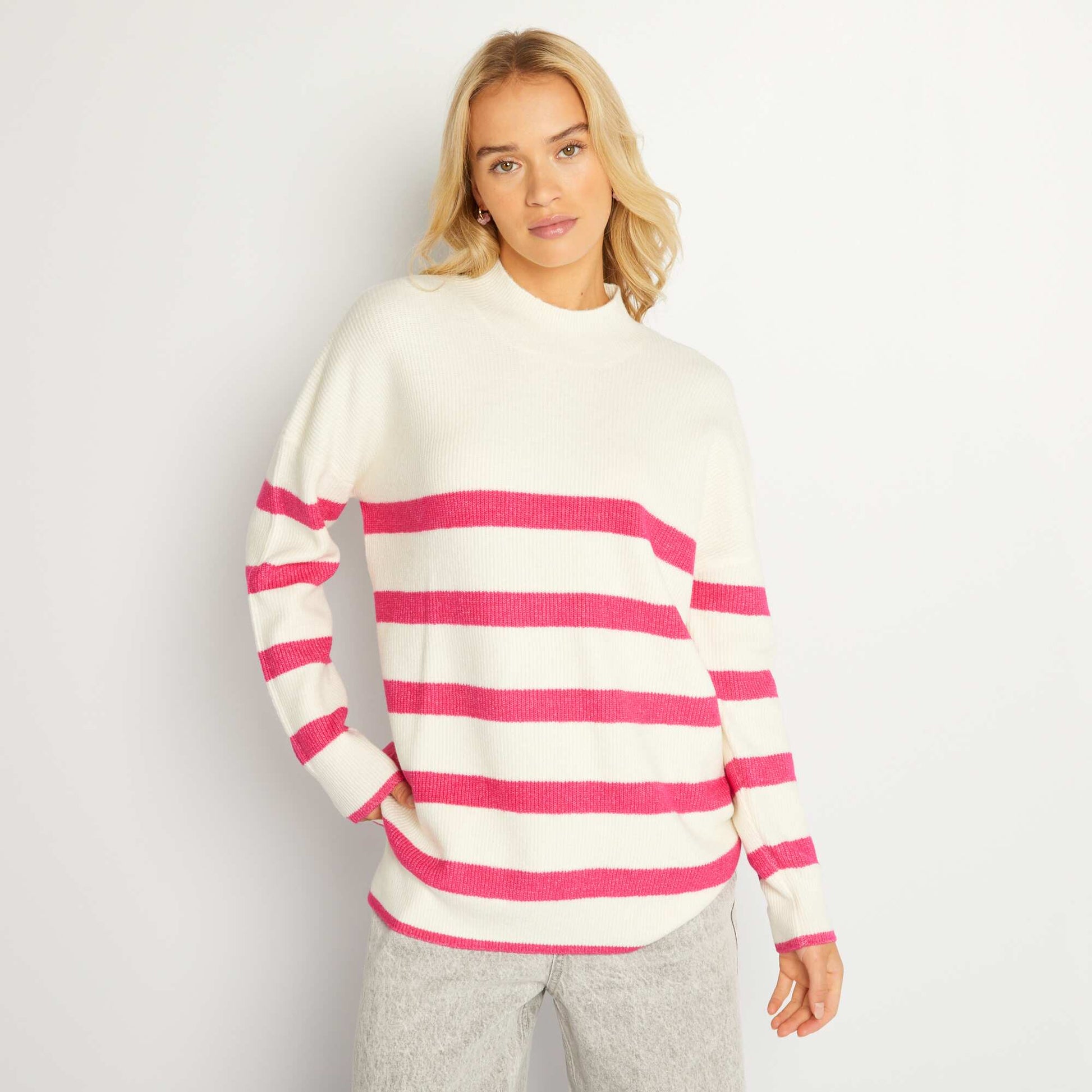 Pull marini re en maille Blanc/fushia