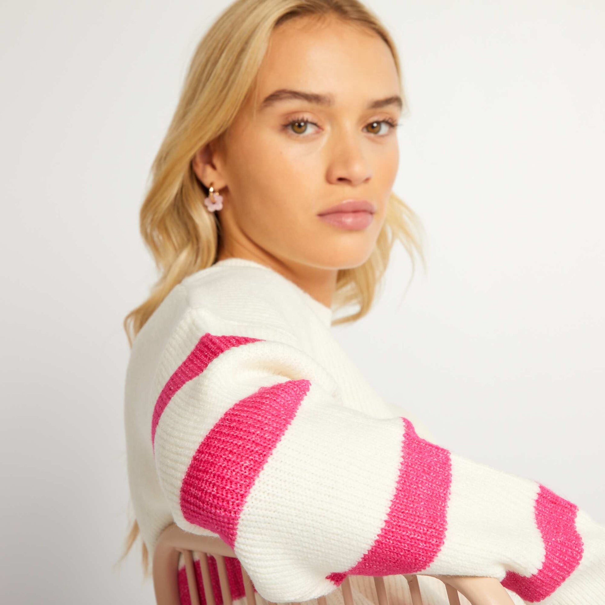 Pull marini re en maille Blanc/fushia