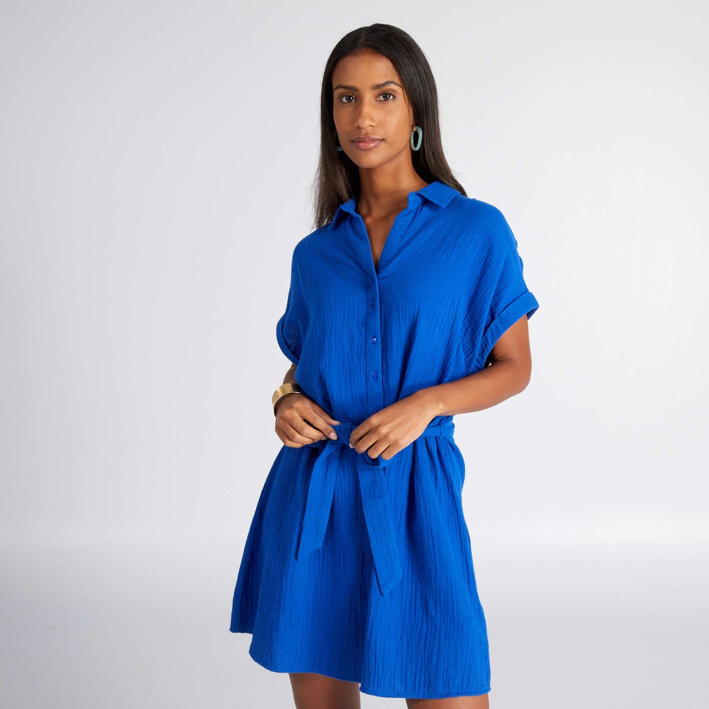 Robe chemise en double gaze de coton bleu