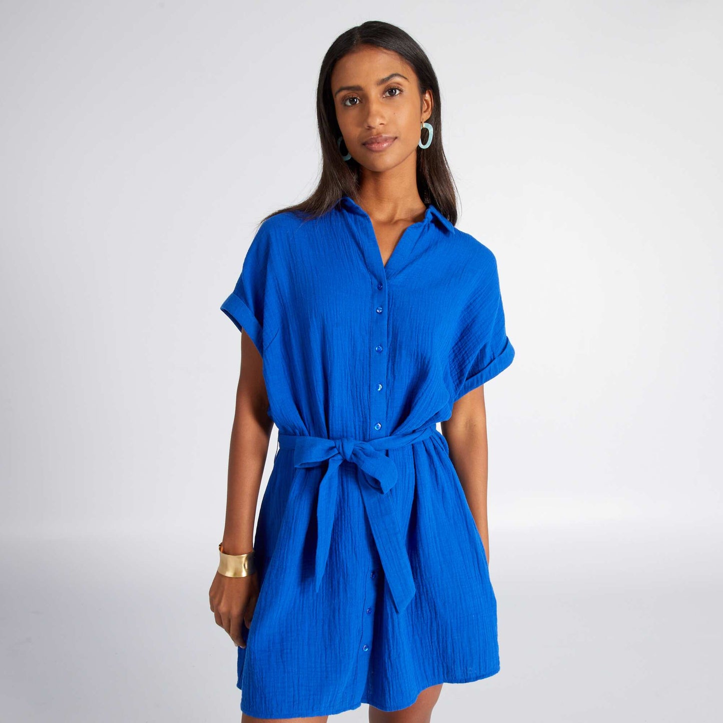 Robe chemise en double gaze de coton bleu