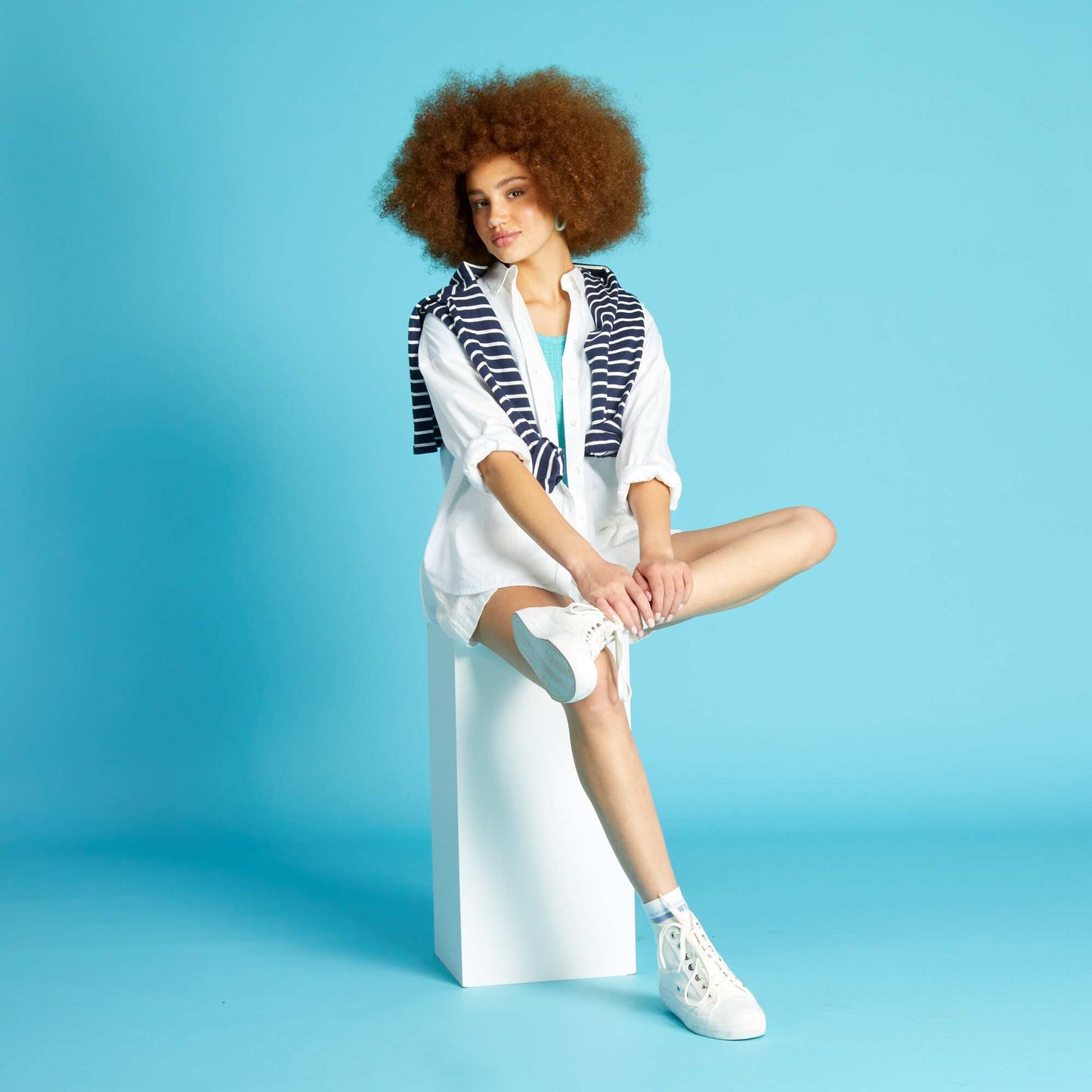 T-shirt en maille gaufr e Bleu