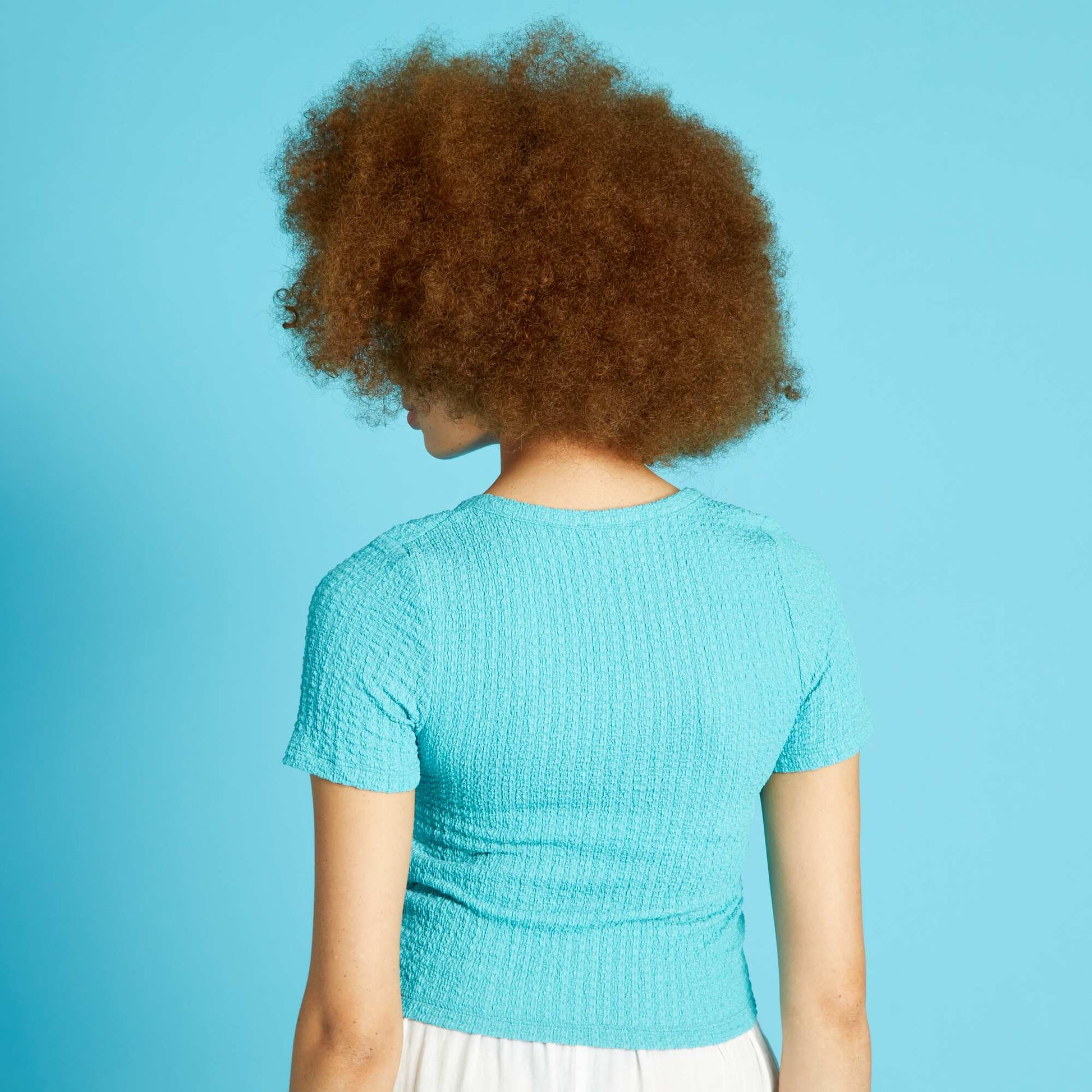 T-shirt en maille gaufr e Bleu