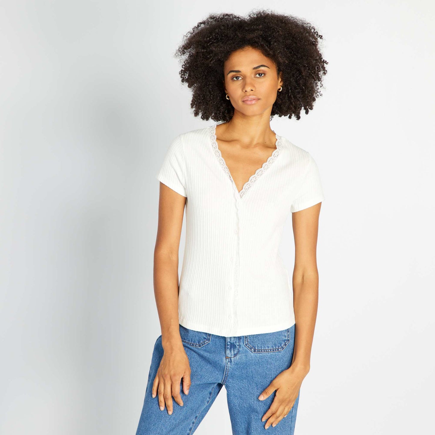 T-shirt c tel avec dentelle Blanc