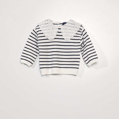 Pull maille douce et col claudine Blanc/noir