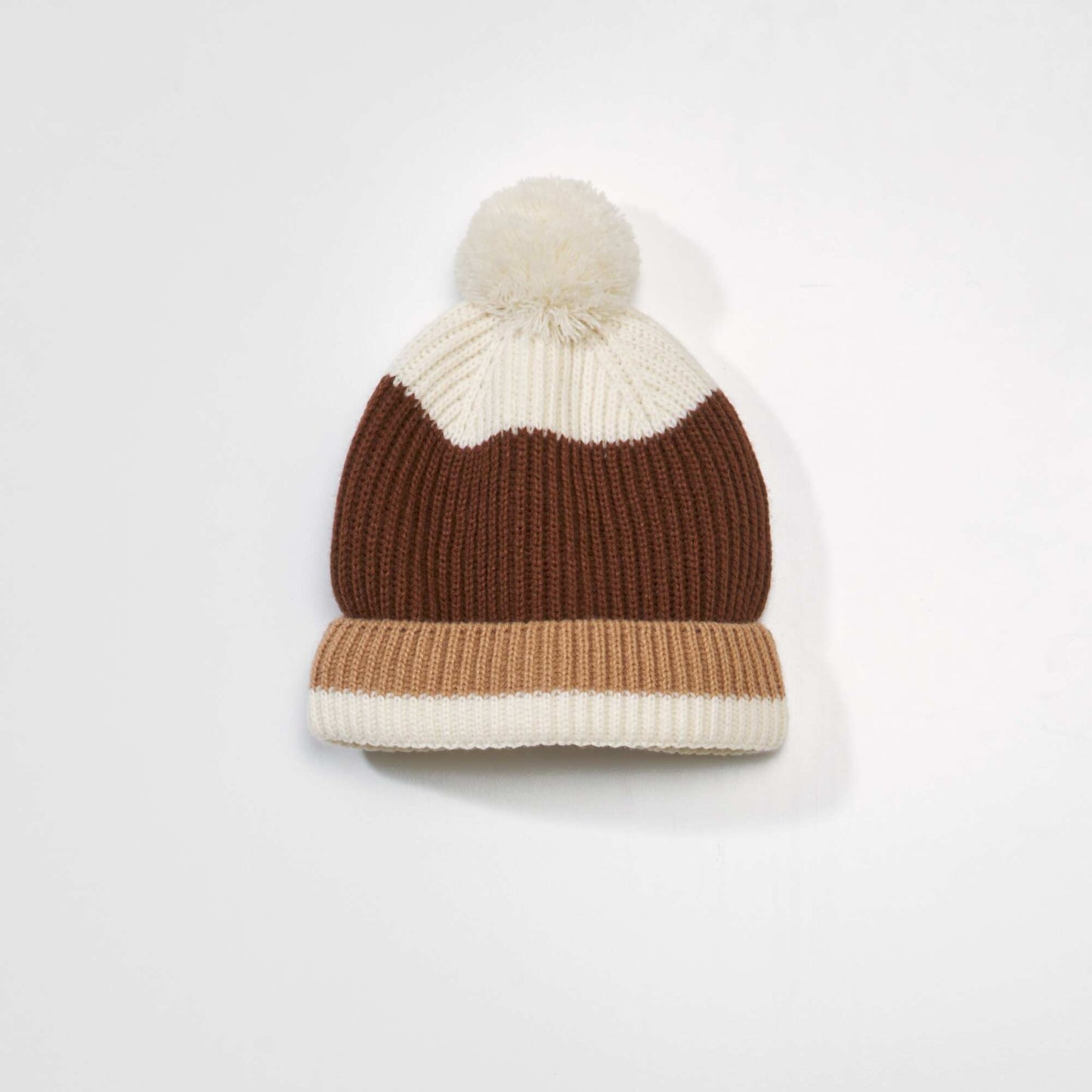 Bonnet tricolore pompon Marron