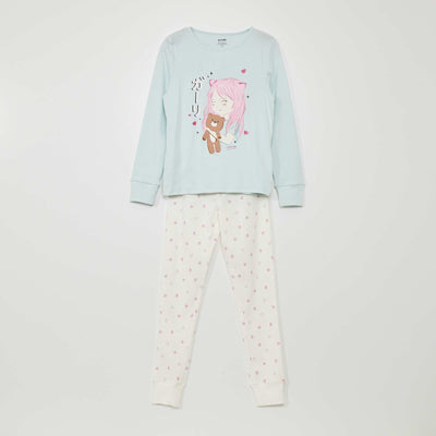 Pyjama long - imprim fraises - 2 pi ces Bleu