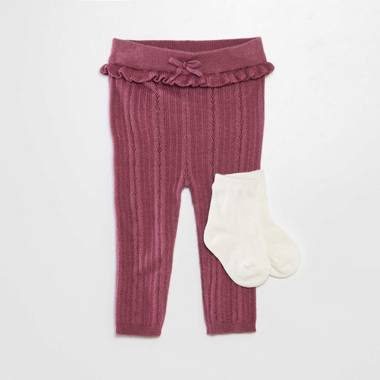 Legging tricot en maille ajourée + chaussettes Rose