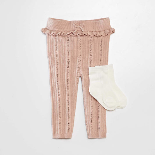 Legging tricot en maille ajourée + chaussettes Beige