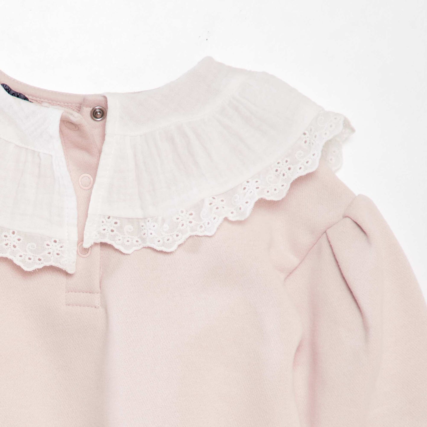 Sweat avec large col en gaze de coton + broderies Rose