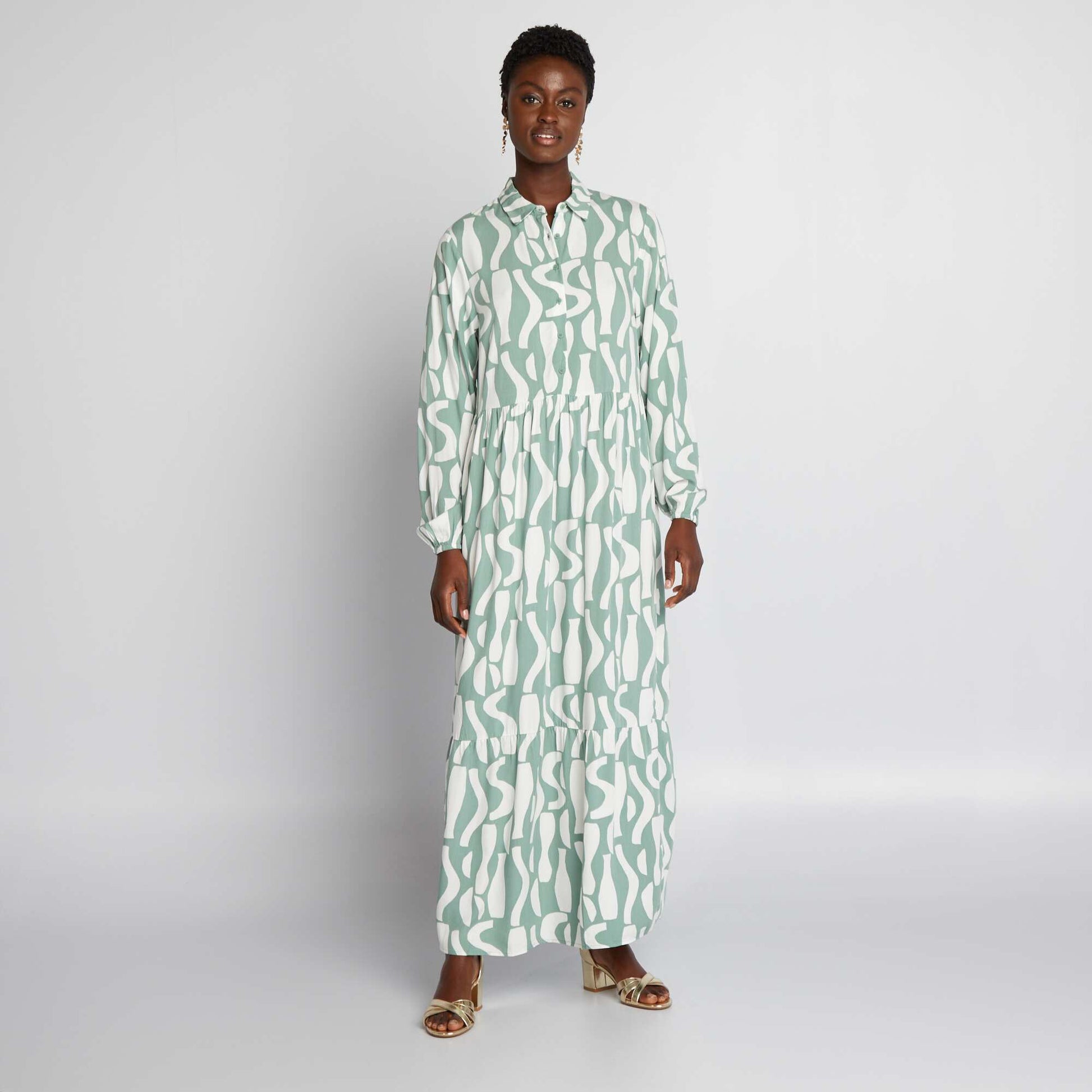 Robe chemise maxi motifs Vert/blanc