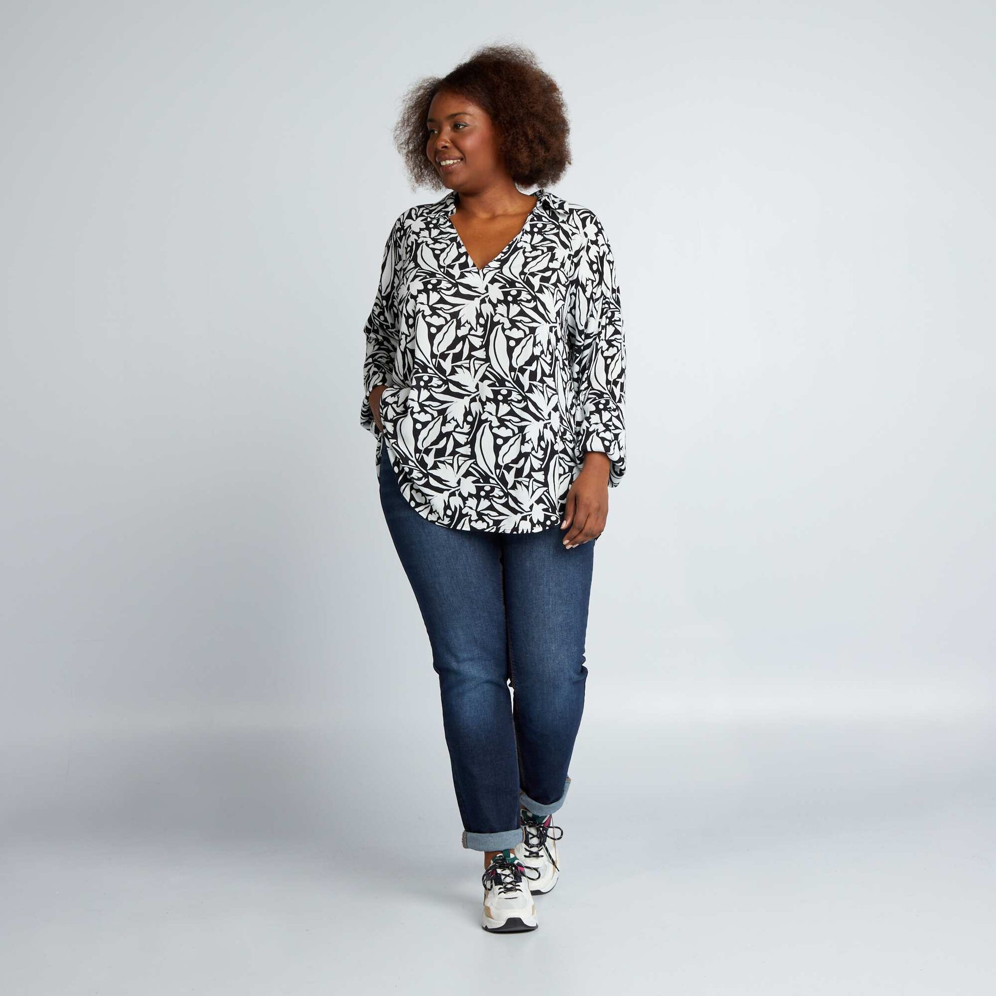 Blouse fluide imprim e manches bouffantes Noir