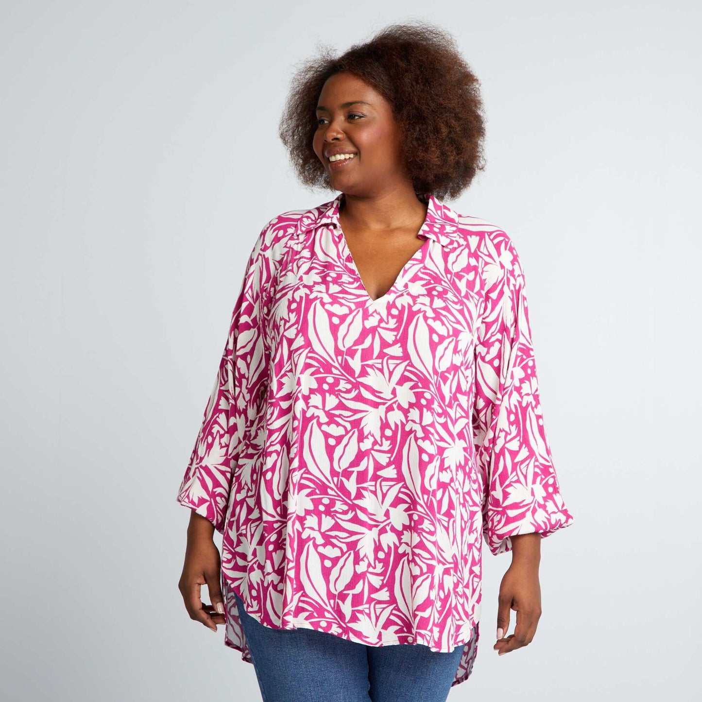 Blouse fluide imprim e manches bouffantes Rose