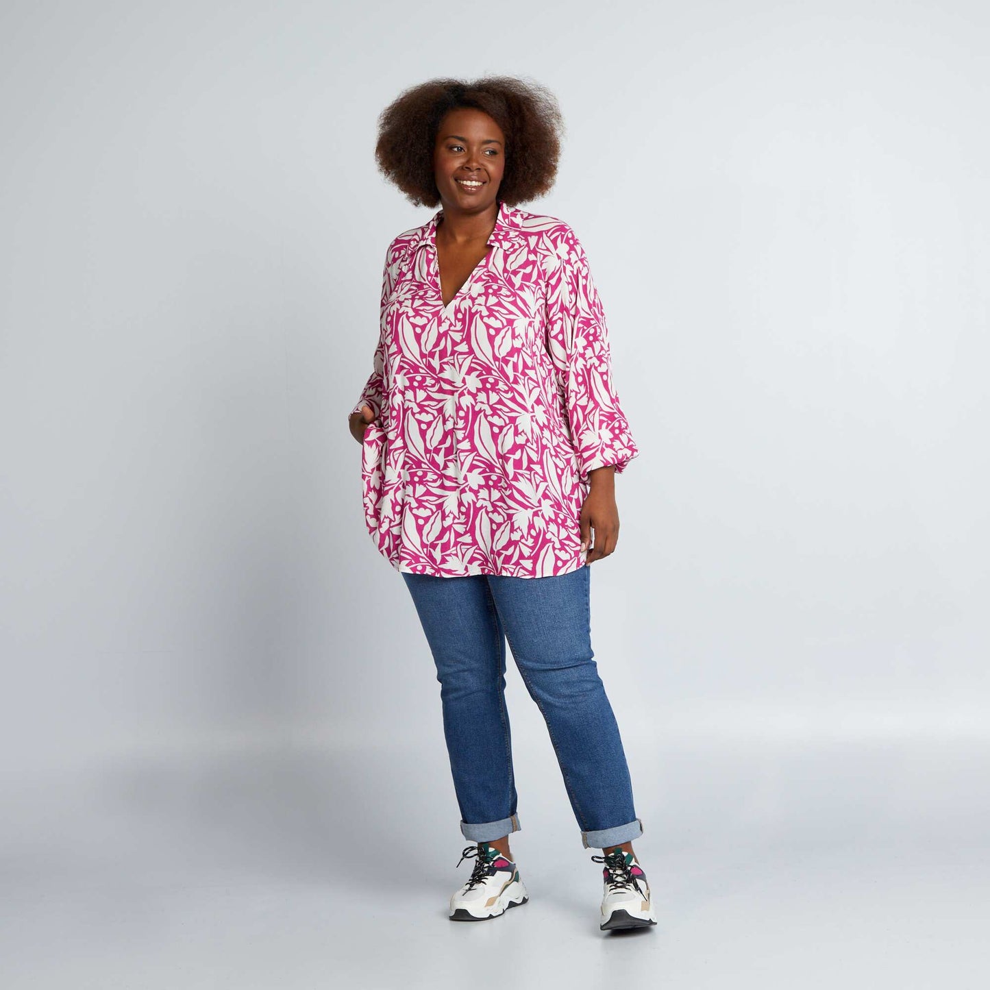 Blouse fluide imprim e manches bouffantes Rose