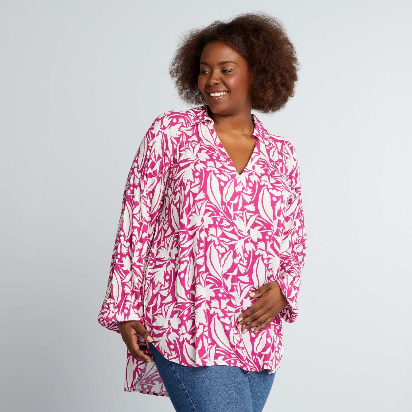 Blouse fluide imprim e manches bouffantes Rose