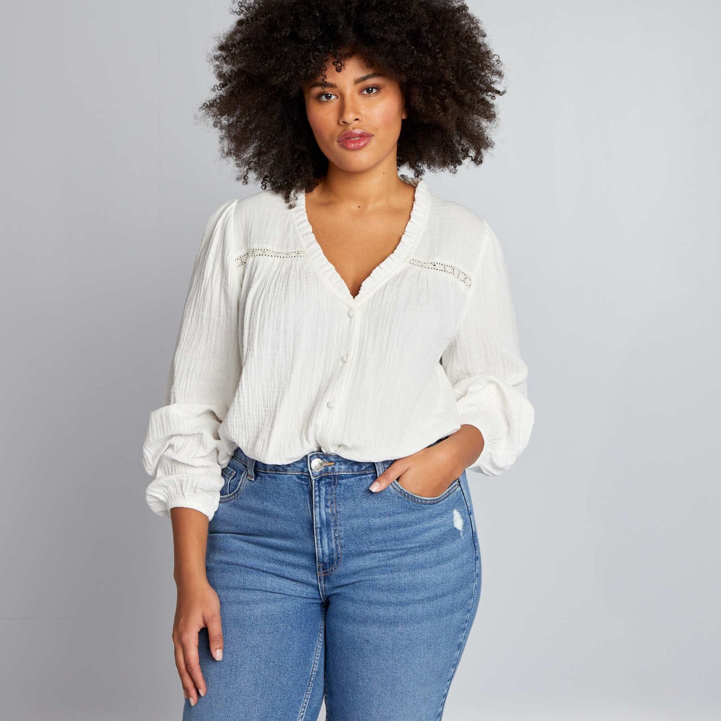 Blouse en gaze de coton col volant blanc