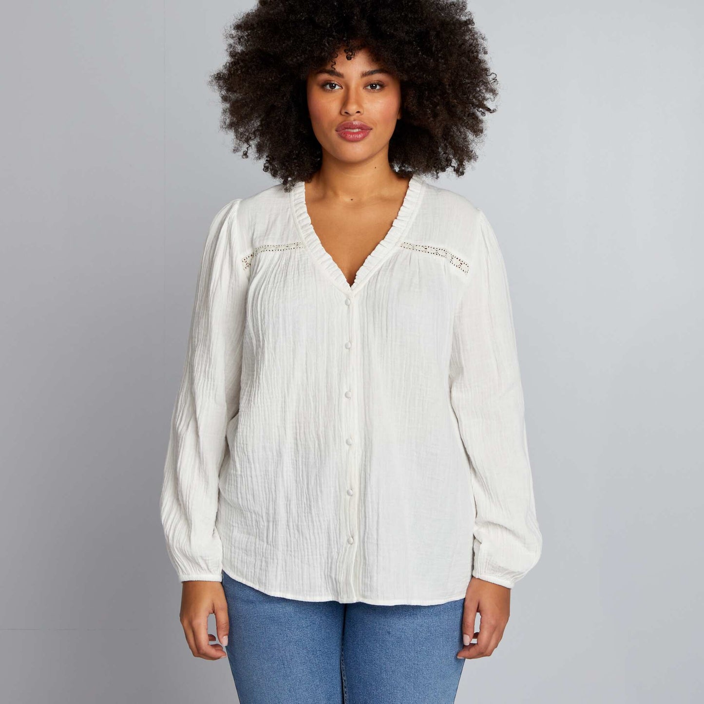 Blouse en gaze de coton col volant blanc