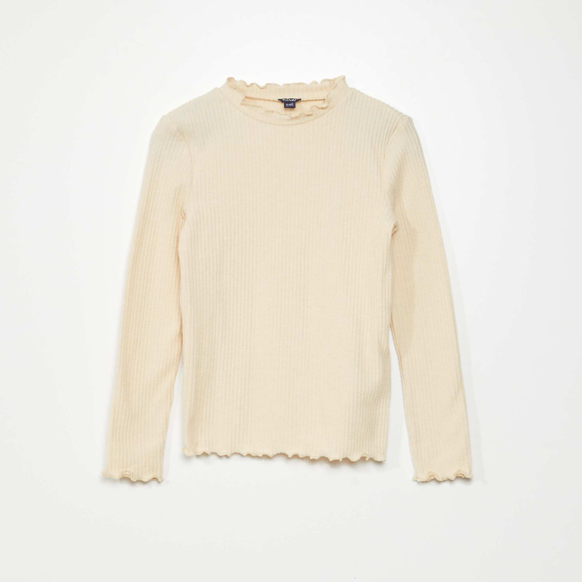 T-shirt en maille c tel e avec volants Beige