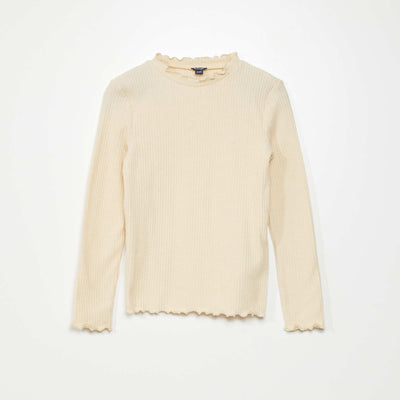 T-shirt en maille c tel e avec volants Beige