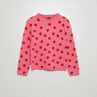 Pull motif et col froufrous Rose