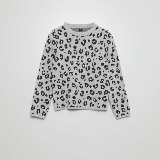 Pull motif et col froufrous Gris