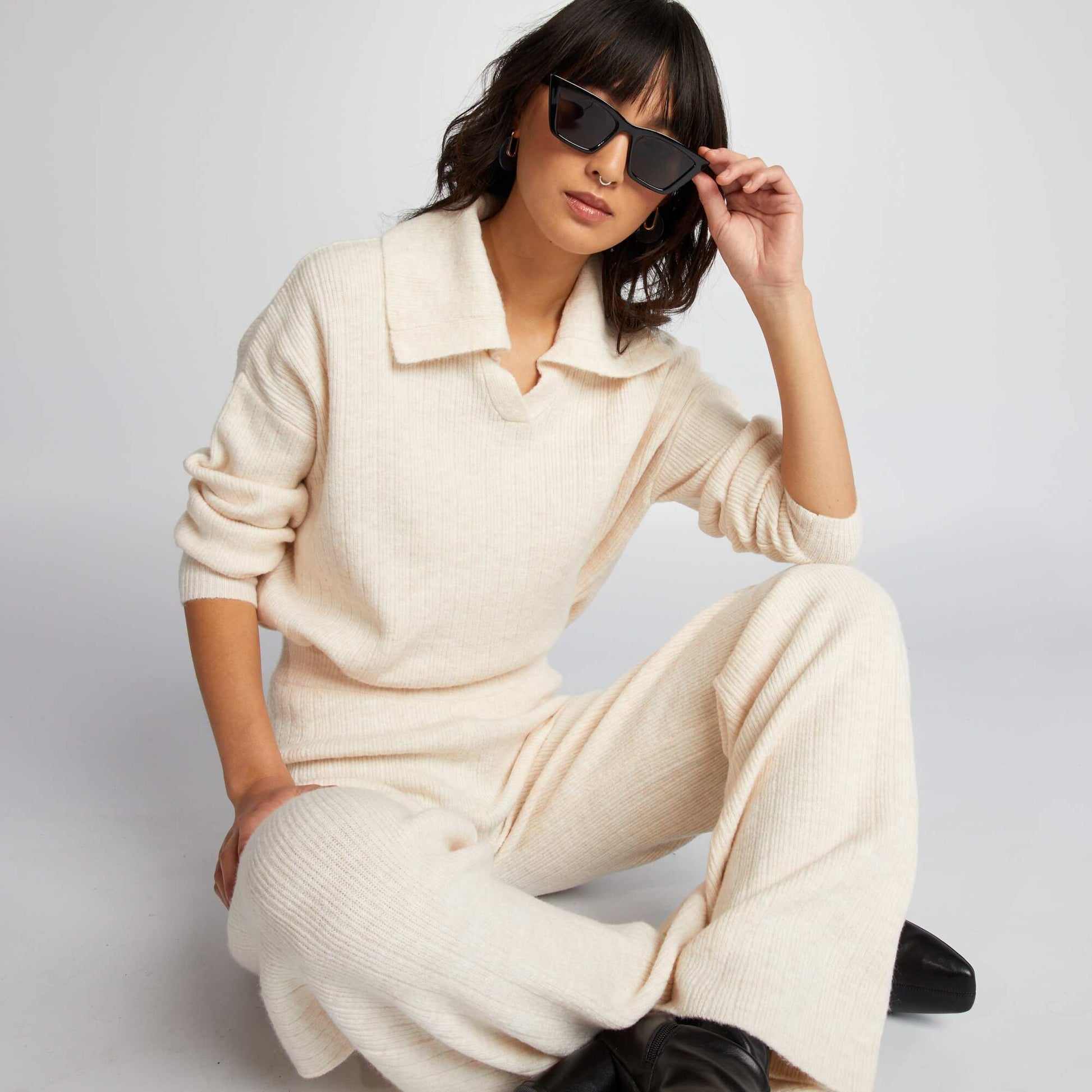 Pull en maille col polo beige