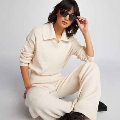 Pull en maille col polo beige