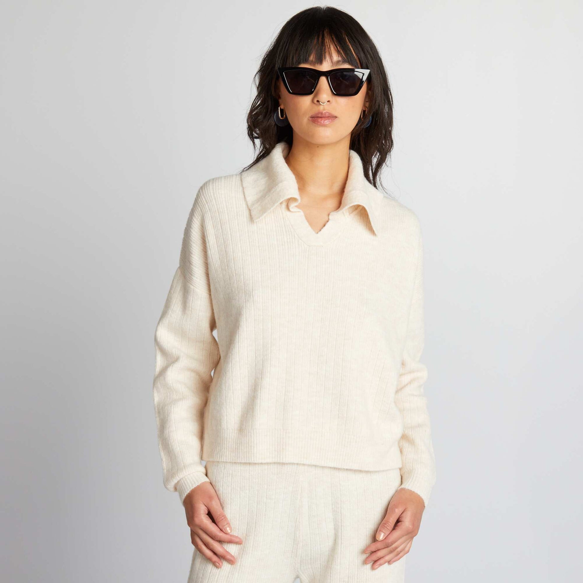 Pull en maille col polo beige
