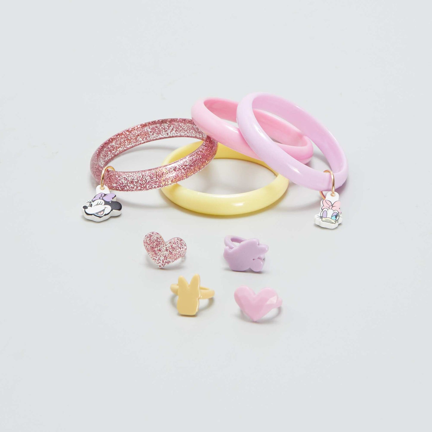 Lot de 4 bracelets + 4 bagues 'Daisy et Minnie' Rose